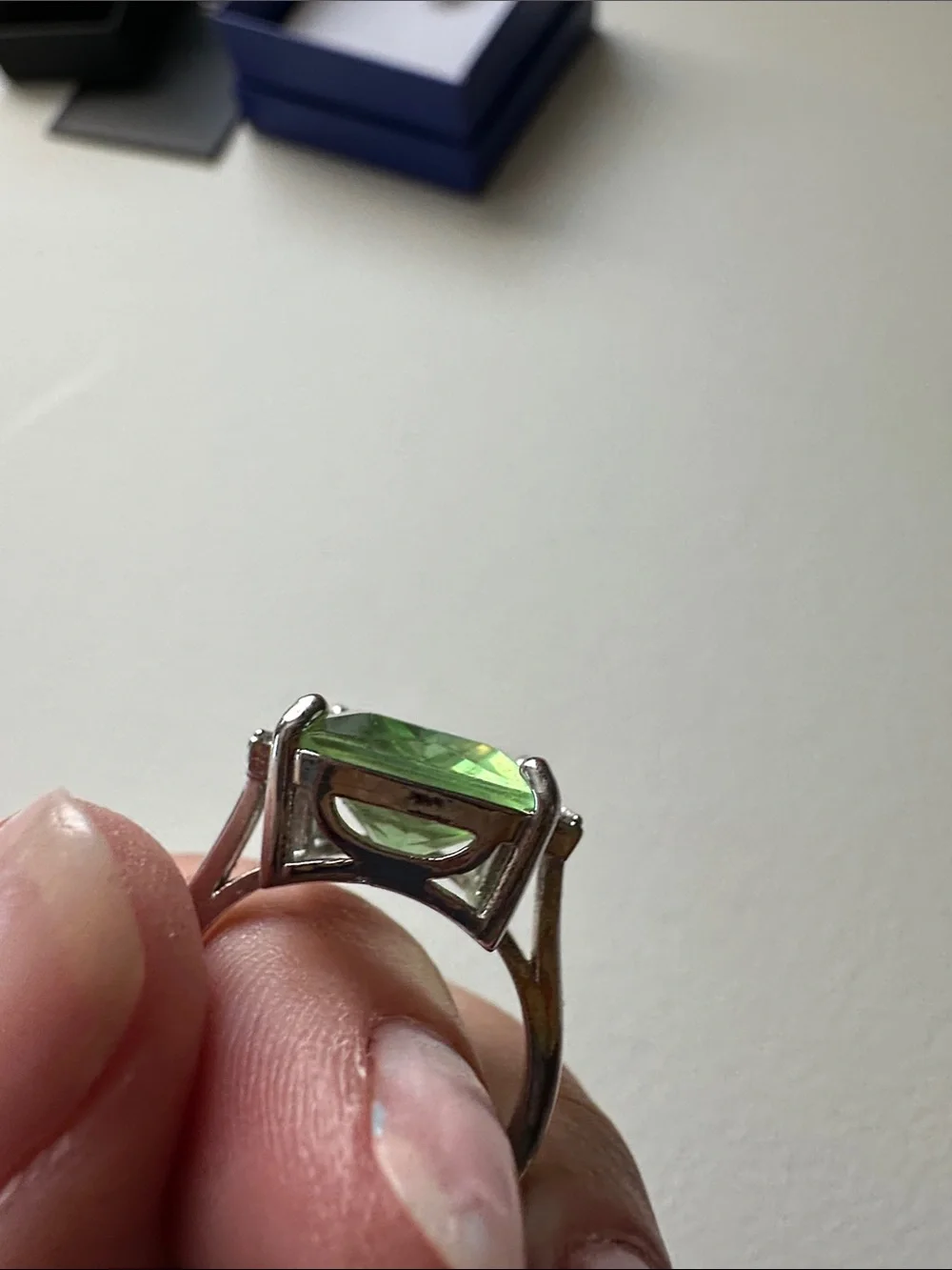Emerald-Cut Green Statement Ring in Silver-Tone Setting sz 7